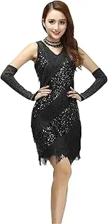 [HEYDHSDC] Women Vintage Party Dress Sexy V Neck Sleeveless Fringed Sequin Dance Dress