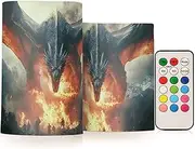 ZRYSMY Fantasy Dragon Fire Flameless LED Candles with Remote - Set of 2, 3 Inch Battery-Operated Flickering Pillar Candles with Timer, No Batteries Included