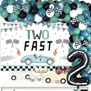 Funmemoir Two Fast Birthday Decorations Boy Vintage - Balloon Garland Kit with Backdrop, Checkered Foil Balloons, Race Car Flags, Retro Let's Go Racing 2nd Party Supplies, Blue,Green,White, Medium