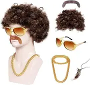 [SHZMJL] 5 Pcs Men 70s Disco Costume, Adult Disco Dude Halloween Costume includes a Wig,a mustache,2 Necklaces and Round Sunglass