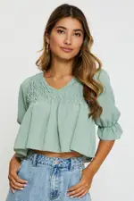 Green Crop Blouse Short Sleeve Round Neck - Size 8, Women's Peplum
