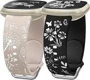 [Wearlizer] 2 Pack Floral Engraved Strap Compatible With Fitbit Versa 3/4, Sense 2 - Cute Two-Tone Flower Soft Silicone Sport Band for Women