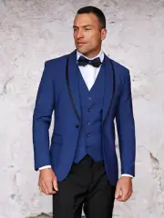 NWT 48R 3PC MENS TUXEDO SUIT SAPPHIRE / BLACK PIPPING SLIM FIT REVERSIBLE VEST