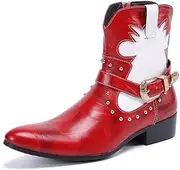 [Generic] Patchwork Buckle Strap Decoration Red Color Studs Decoration Men Ankle Boots Holiday Club Party for Show Pure Genuine Leather