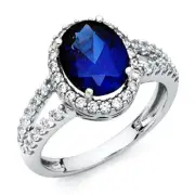 Split Shank Halo Oval Blue CZ Promise Engagement Ring in 14K White Gold