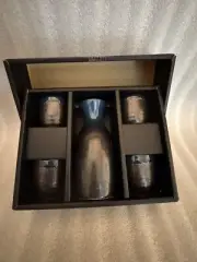 Japanese Sake Serving Set 5 Pieces NIB Charcoal with Blue Enamel Tops Box Scuffs
