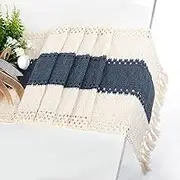 Cotton and Natural Burlap Splicing Table Runner With Tassels - Hand Woven Farmhouse Bohemian Decor for Wedding, Home, Kitchen, Dining Table - 12 x 72 Inch (Blue)