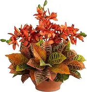 21in. Cymbidium Orchid and Croton Artificial Arrangement in Terra Cotta Vase