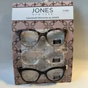 JONES NEW YORK 3-PACK +1.50 Reading Glasses Readers Black Clear Tortoise fade
