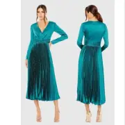 NWT Ieena for Mac Duggal Teal Pleated Long Sleeve V-Neck Midi Dress Size 18