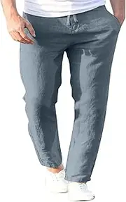 [Generic] Men's Casual Linen Pants Straight Leg Loose Fit Beach Summer Pants Drawstring Lightweight Pants with Pockets