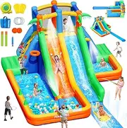 FINCOME Inflatable Water Slide Bounce House with Extend Long Splash Waterslide for Kids Backyard, Blow Up Bouncy Castle Park with 2 Water Pool, Basketball Hoop, Water Cannon for Indoor, Outdoor, Party