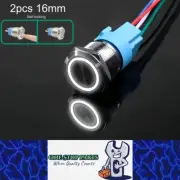 2 x White LED 16mm Metal Push Button Switch 12-24V Pre-Wired Self-Locking Switch