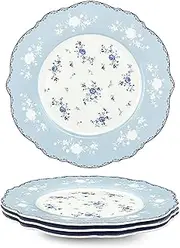 [fanquare] 8 Inch Porcelain Dessert Plates Set of 4, Lace Serving Bowls Set for Salad, Soup, Pasta, Snack, Blue Roses
