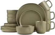 [Stone Lain] Tom Stoneware 16-Piece Reactive Glaze Dinnerware Set, Plates and Bowls Set, Microwave and Dishwasher Safe Dish Set for 4, Olive
