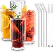 Ribbed Glassware Drinking Glasses with Straws,350ml Vintage Iced Coffee Glass Cups Tumbler for Beer, Coocktail, Whiskey, Beer, Water (Set of 4)