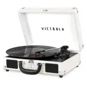 Retro White Silver Portable 3 Speed Belt Driven Turntable with Bluetooth Spea...