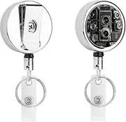 [YJWANDL] Compact Stainless Steel ID Holder with Retractable Cord, Vintage Camera Print Lightweight And Durable Everyday ID Holder, White