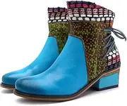 [FARZAH] Vintage Boots for Women Ethnic Boho Leather Round Toe Lace Up Chunky Block Mid Heels Ankle Booties Bohemian Retro Steel Toe Dress Mid Calf Short Boots with Side Zipper for Ladies (Color : Blue, Size