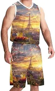 [KQNZT] Basketball Jerseys Shorts Sport Set, Outfit Tank Top Track Shorts, Men's Basketball Jersey, Eiffel Tower Sunset Paris Painting