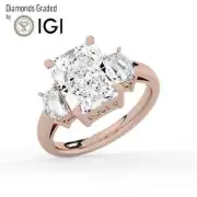 Radiant Solitaire Labgrown Diamond Trilogy Ring 18k Rose Gold 6.00 Ct F VVS2