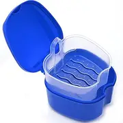 Coolrunner Denture Case, Denture Cup with Strainer, Denture Bath Box False Teeth Storage Box with Basket Net Container Holder for Travel, Retainer Cleaning (Blue) (Dark Blue)