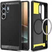 SPIGEN Rugged Armor MagFit for Samsung Galaxy S25 Ultra Case, Compatible with MagSafe Magnetic Ring, Air Cushion Protection Carbon Fiber Design Raised Edge Non-Slip Grip Cover - Black