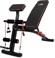 LSG GBN-007 6 Level Flat Incline Decline Bench with Preacher Pad, Resistance Bands & Leg Extension with 25mm Standard Weight Adaptor Heavy Duty Steel Frame 180kg Maximum Weight Capacity Deluxe Padding