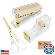 1-Inch Core Clear Acrylic Gold Tape Dispenser Stapler Scissors Set with Tape