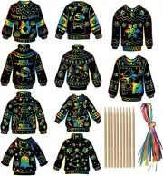 30 Packs Christmas Ugly Sweaters Scratch Art,Magic Rainbow Scratch off Cards,Chr