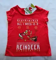 Dr Seuss The Grinch Girls Red Reindeer Printed Short Sleeve T Shirt Size 1 New