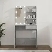 Dressing Table with LED Light 74.5x40x141 cm, Concrete Grey - Modern Engineered Wood Vanity Desk with USB Lights, Ample Storage with Drawer & Shelves