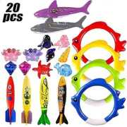 Diving Toys, 20pcs/set Kids Underwater Pool Toys, Training Pool Toys Including Diving Rings, Torpedoes, Sharks, Octopus, Gems, Sea Animals