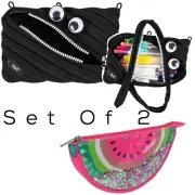 Zipit Kids Set Of 2 Googly Eye/ Watermelon Sequin School Pencil Pouch Carrier