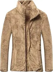 [Qolkmuiy-GJ] Women Double Sided Fleece Jacket Coral Velour Stand Collar Warm Coat Cardigan Plush Long Sleeve Full Zip Outwear