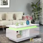 LED Light Coffee Table Storage High Gloss Living Room Furniture 2 Drawers White