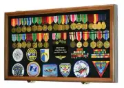 Medal Display Case XL Pin Badge Patch Flag Walnut Wood Military Ribbon Wall Rack