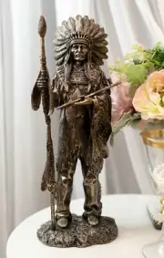 Native American Indian Chief With Eagle Roach Spear And Chalumet Pipe Statue