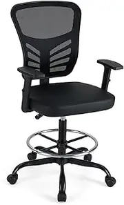 Giantex Height-Adjustable Drafting Chair, Swivel Task Chair w/Adjustable Armrests & Footrest Ring, Lumbar Support, PU Leather Seat, SGS Certified Gas Cylinder, Standing Desk Chair for Home Office
