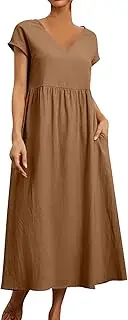 [Generic] Casual Dresses for Women Elegant - Long Dress for Women - Evening Navy Blue Maxi Dress Work Dresses Office Plus Size V Neck Comfy Cotton Short Sleeve Tunic Beach Maxi Dresses with Pockets