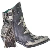 Corral Boots Metallic Overlay Studded Fringe Pointed Toe Cowboy Booties Womens S