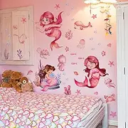 Mermaid Wall Decal Mermaid Fish Wall Stickers Under The Sea Marine Fish Whale Turtle Seaweed Grass Bubble Wall Stickers - Bathroom Baby Kids Nursery Girls Bedroom Daycare Wall Decor