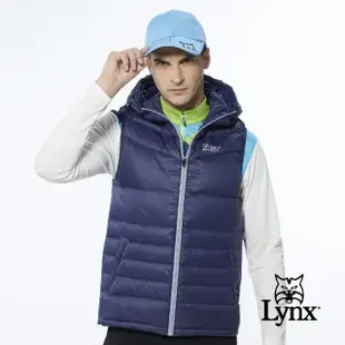 【Lynx Golf】男款保暖羽絨素面款脇邊羅紋設計無袖連帽背心(深藍色)