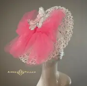 Aimee Fuller Big Kentucky Derby Hat Butterfly Ascot Fascinator White Pink Silver