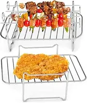 2Pcs Air Fryer Rack for Double Basket Air Fryers with 4 Barbecue Sticks 304 Stainless Steel Grilling Rack Toast Rack Air Fryer Accessories Cooking Rack for Oven Microwave Baking Roasting