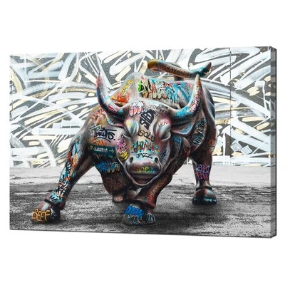 iHAPPYWALL Large Street Charging Bull Canvas Wall Art Abstract Motivationa An...