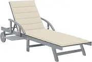 Acacia Wood Garden Sun Lounger with Cream Cushion for Patio, Reclining, Outdoor, Recliner Chair, Lawn, Lounge (200 x 68 cm)