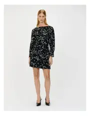 [Veronika Maine] Monochrome Blooms Boat Neck Short Dress in Black/White