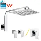 Chrome 300*300mm Square Rain Shower Head Gooseneck Fixed Wall Arm Mixer Taps Set