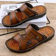 Men's Brown Slide Sandals with Double Straps and Cushioned Sole - Comfortable Casual Summer Footwear for Outdoor and Daily Use